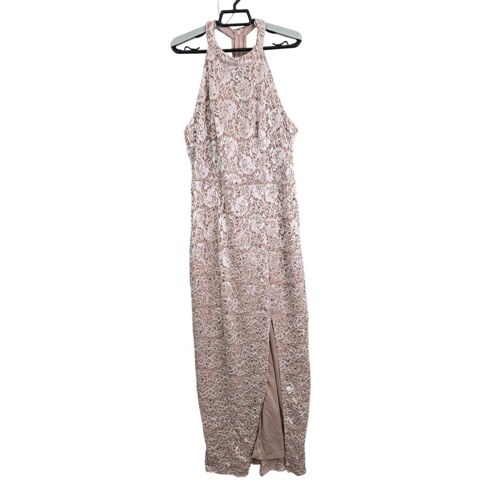 Womens Candalette Sleeveless Pink Lace Evening Sequin Gown Side Slit Size L